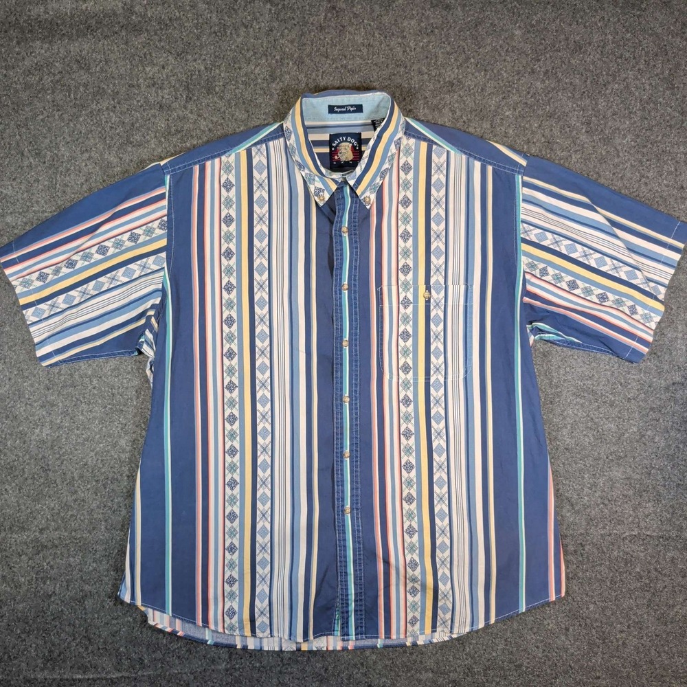 Salty Dog Gant Shirt Mens 1X Big Blue Multi Stripe Geometric Poplin Short Sleeve